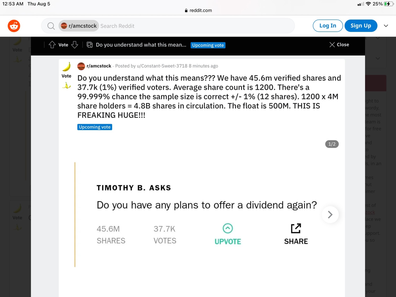 $AMC Entertainment (AMC.US)$ 4.1 million people voted, so assuming they held their shares, this current sample size is getting bigger, showing a average of abou...