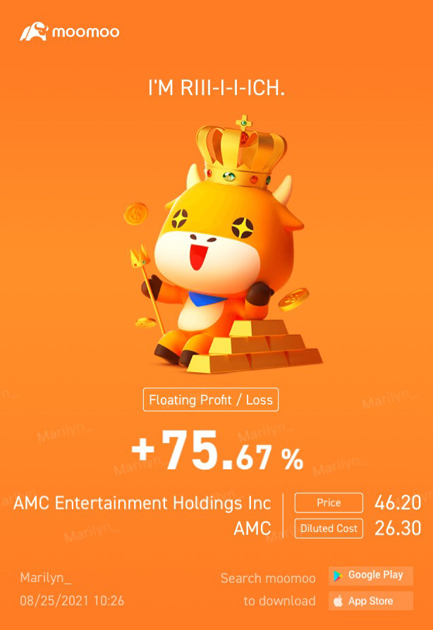 $AMC院線 (AMC.US)$ 「started in mid May 2021. Hold, even if its COVID, and they say its Meme stock, hold.」自2021年5月中旬開始。持有，即使是COVID，他們說它是Meme股票，也要持有。