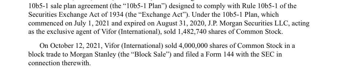 $ChemoCentryx (CCXI.US)$ 在2021年10月12日，Vifor將400萬股普通股以大宗交易方式出售給摩根史坦利並向美國證券交易委員會提交了一份144表格