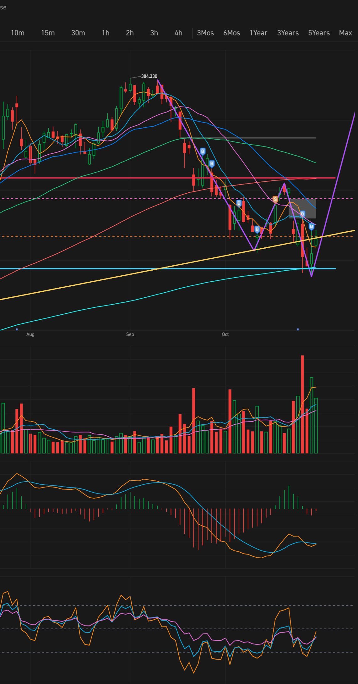 $Meta Platforms (FB.US)$ 形成W型走勢，從支撐位MA250 311反彈，下一個阻力位為MA120 345。