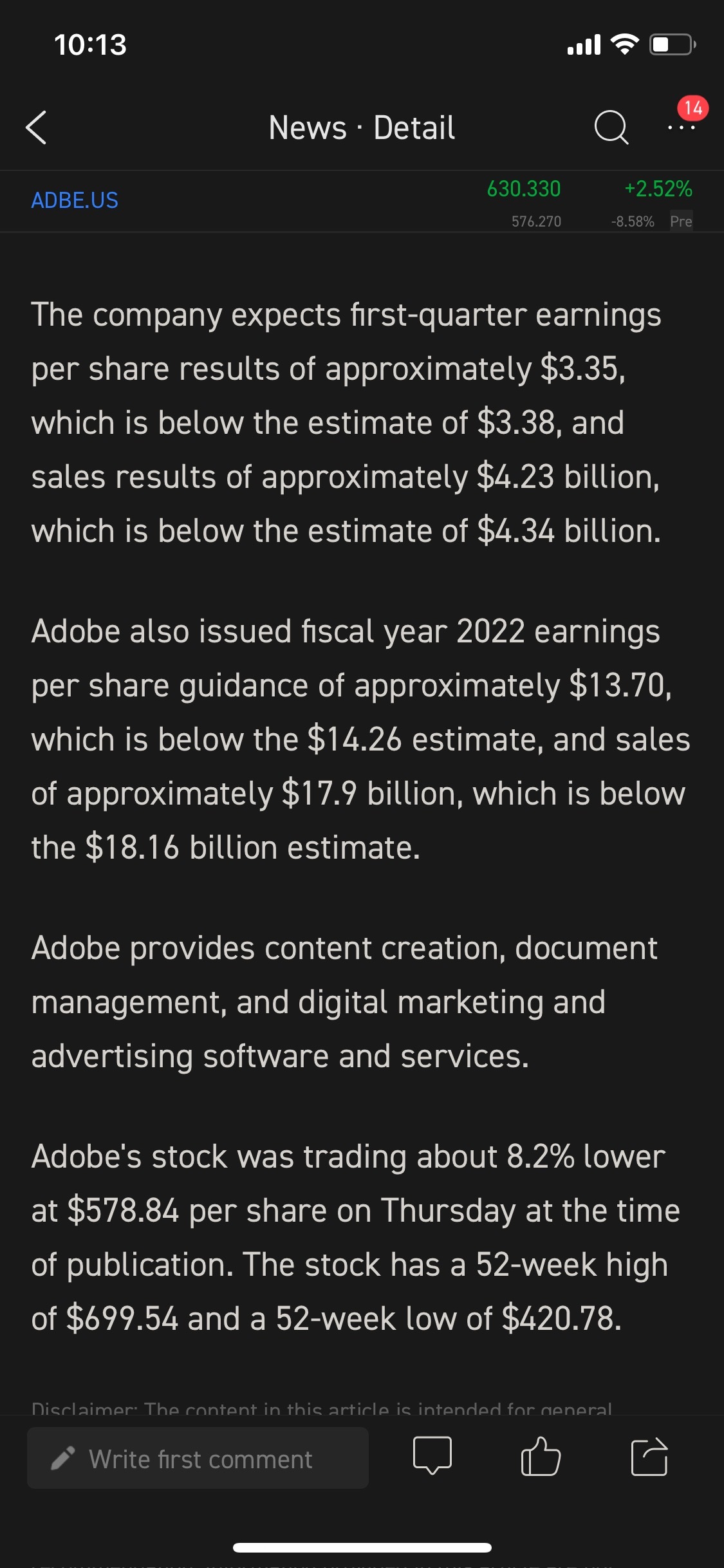 $アドビ (ADBE.US)$新しい可能性がありますが、理解できません。彼らはすべてのグリーン値を持ってQ4の期待に応え、一部は期待を上回っています。しかし、2022年に市場が引っ張られると感じたため、アナリストの3.38ではなく、彼らの推定EPSは3.35です。差は非常に小さいです。この株式価値の下落を正当化する価値...