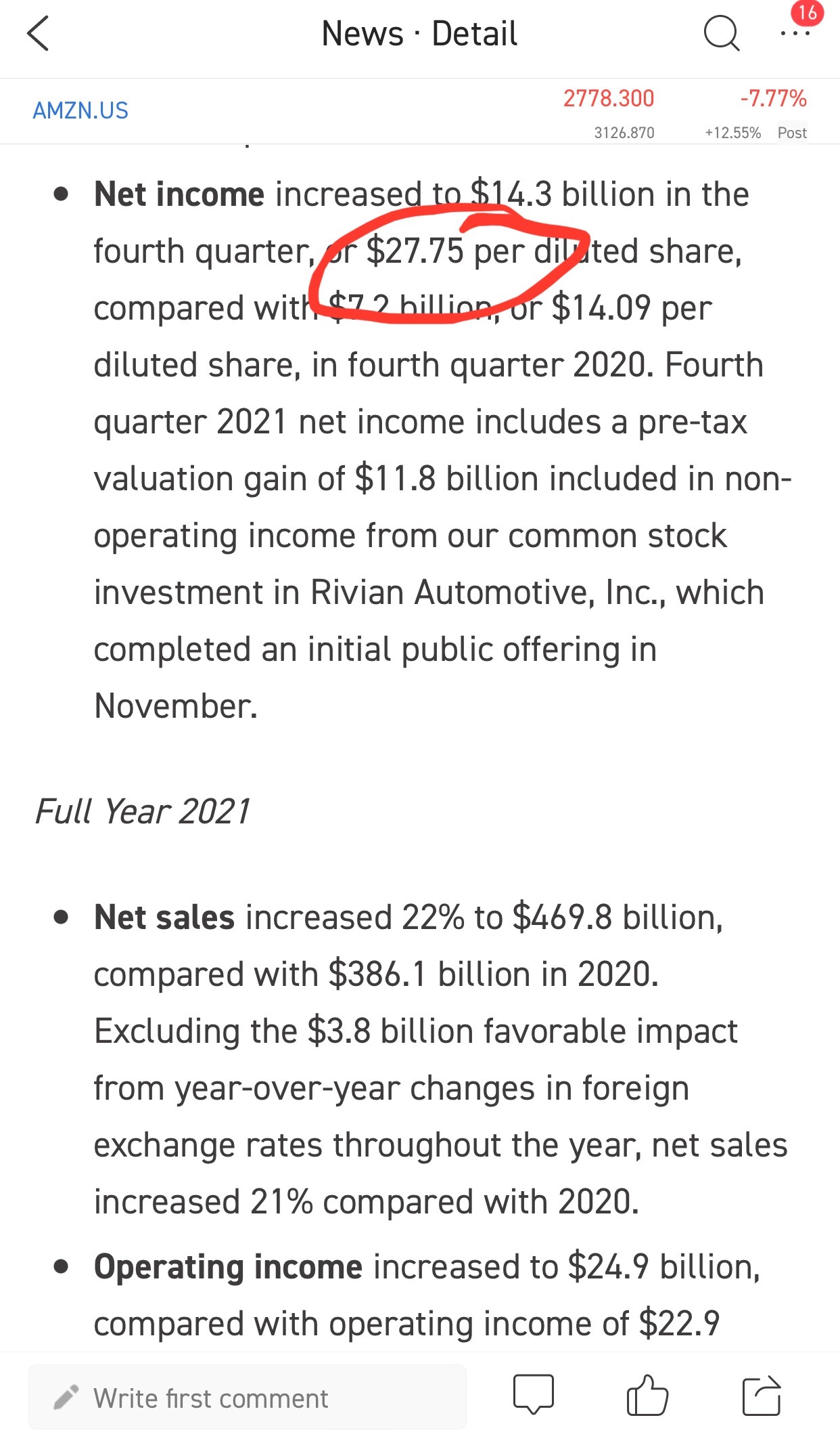 YOY comp of 4th quarter had an Amazon day in it. EPS was 14 last year. The earnings target was only 3.71. I never thought earnings would come close to YOY and i...