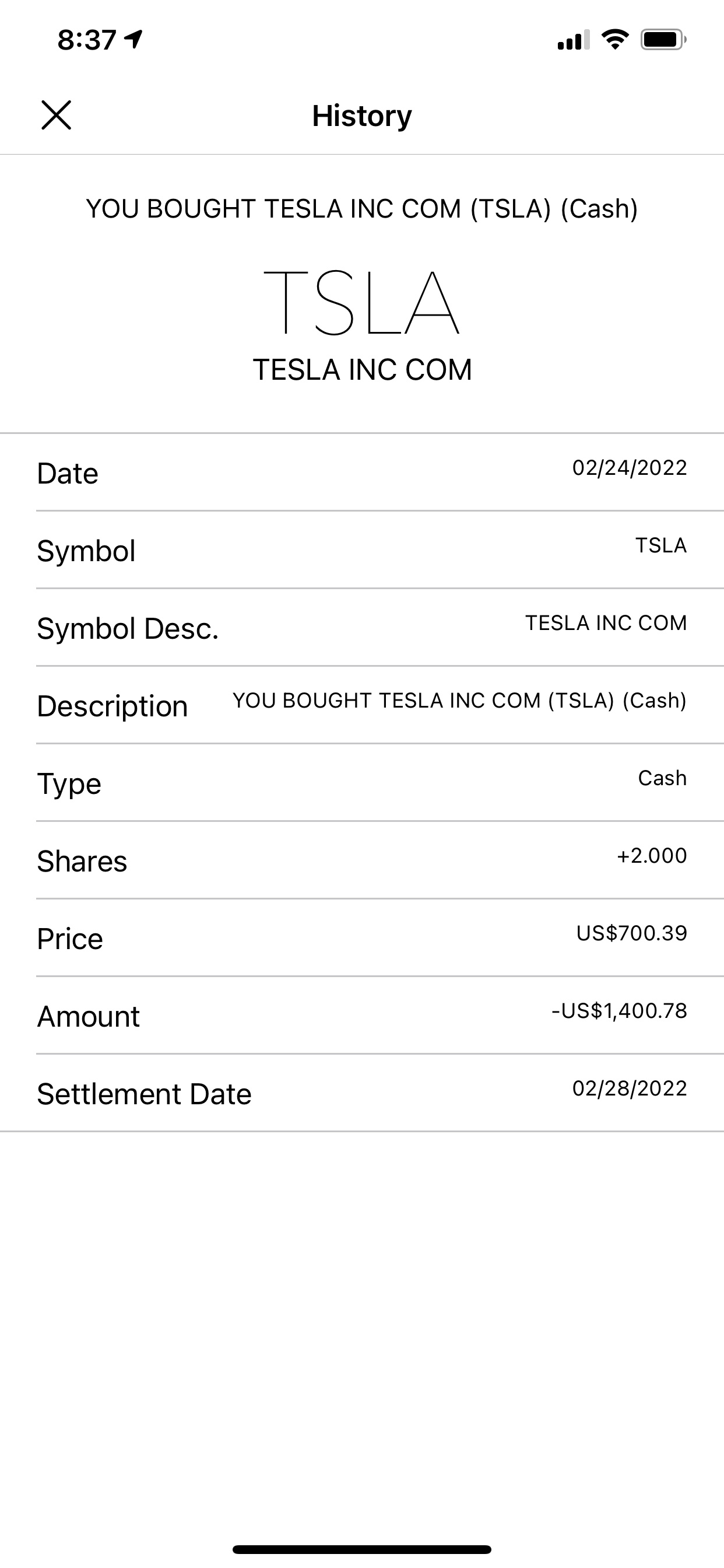 Tesla設了自動750購買兩股，結果買中了$700