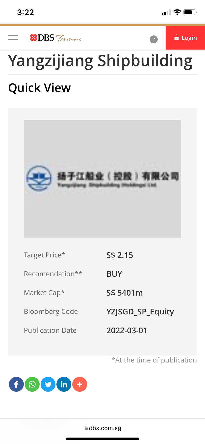 $YZJ Shipbldg SGD (BS6.SG)$ updated target price by DBS Treasures