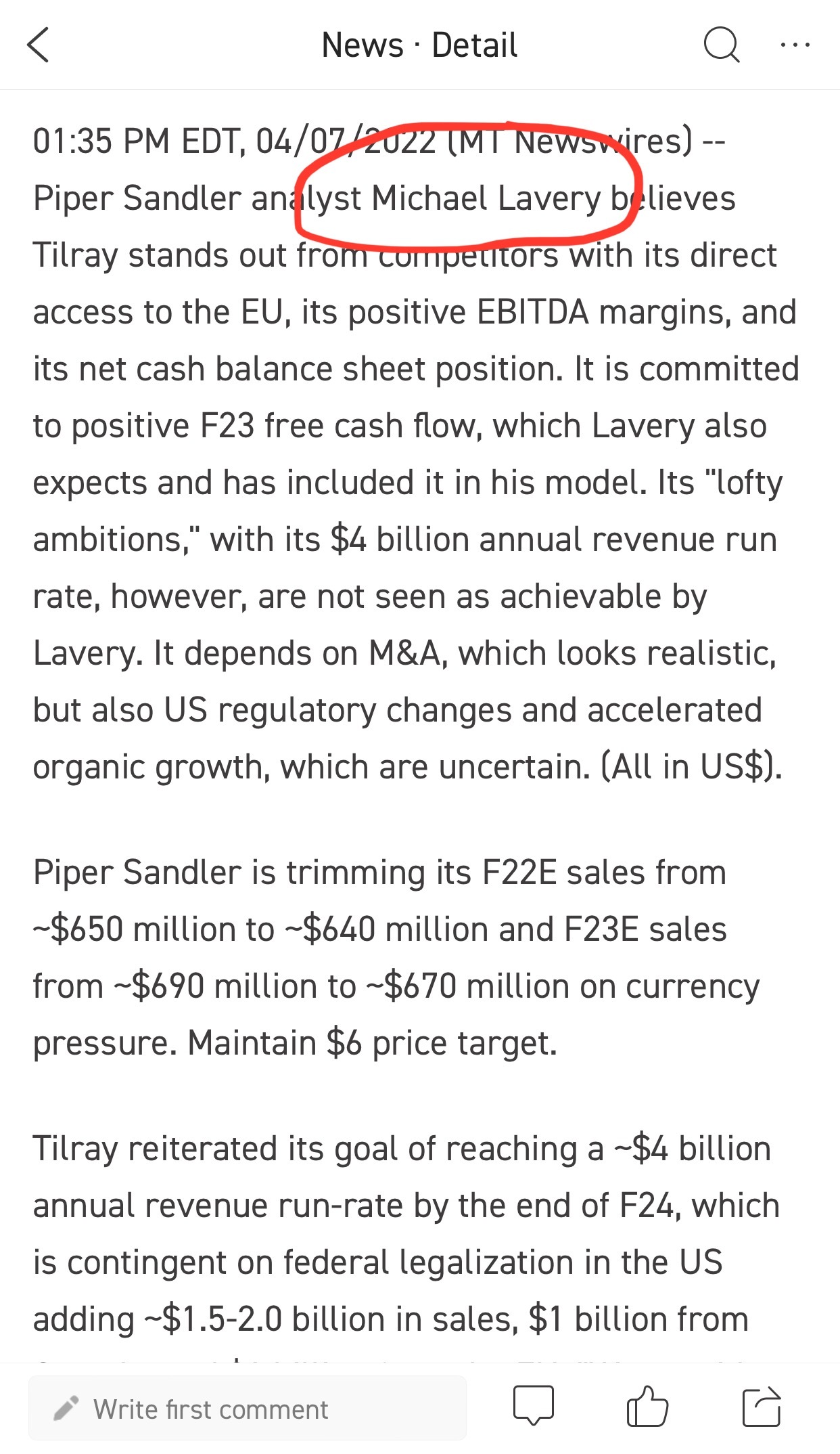 $Tilray Brands (TLRY.US)$ 對這位派傑投資的妓女，名為麥可·拉維，認為他比實際運行公司的人更了解可以實現的事情，表示感謝。他那個蠢蠢的6美元目標將讓我們買入Tilray賺大錢。順便說一句，我總是對機構在財報公佈前後發出的“建議”持懷疑態度。派傑投資的建議不是因為他們想幫助零售投資者賺錢，除了賺錢...