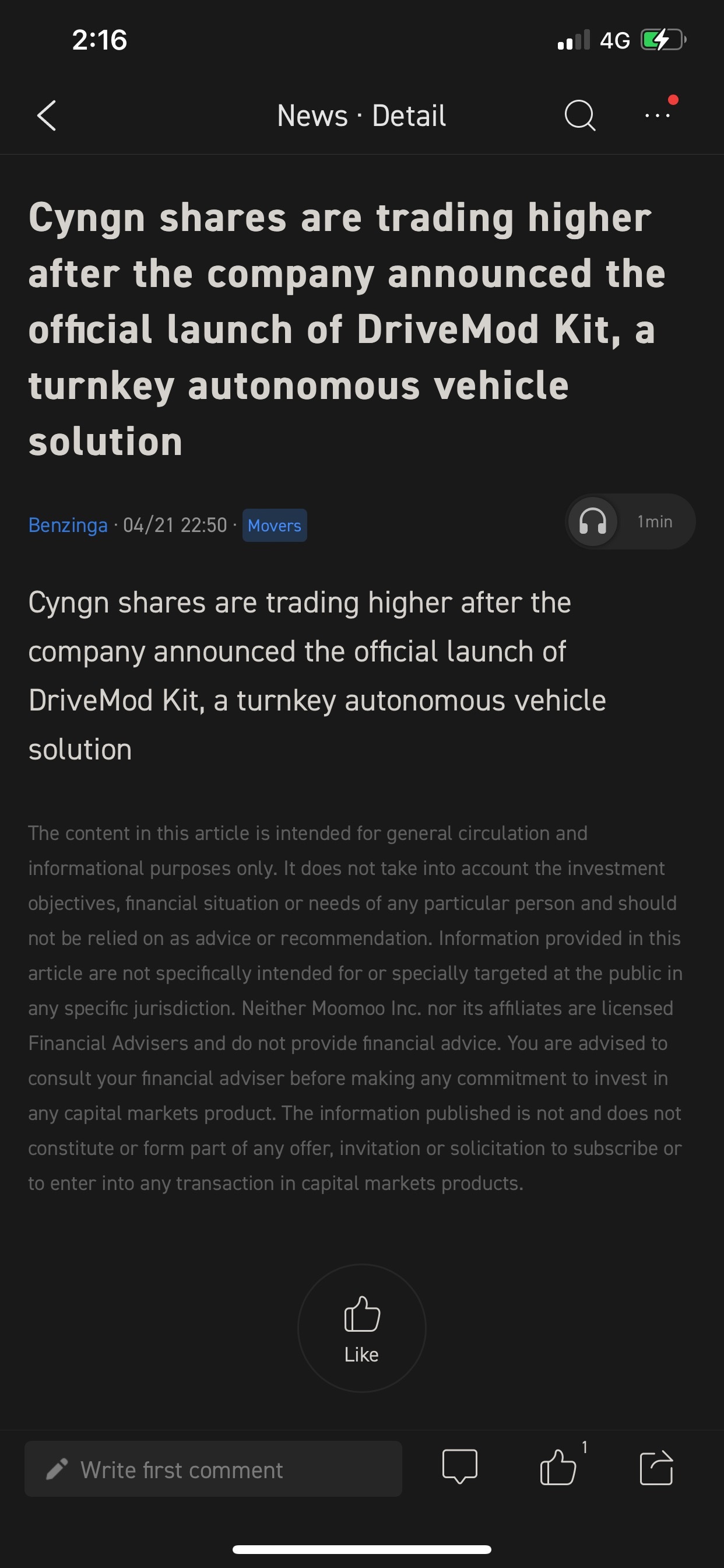 $Cyngn (CYN.US)$  why keep dropping [Sob]