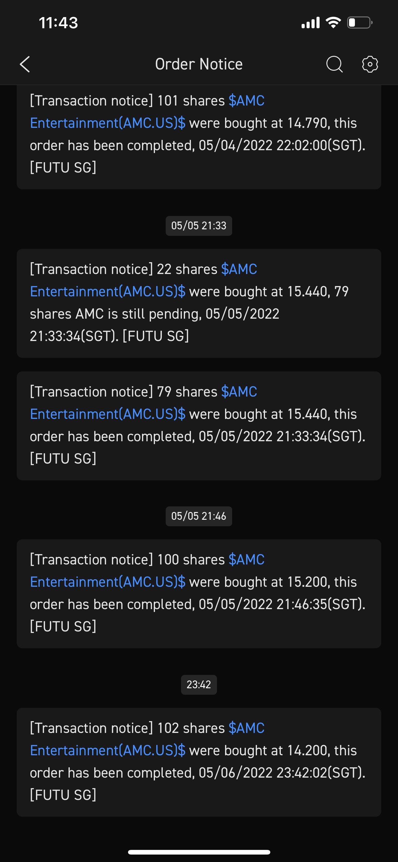 $AMC院线 (AMC.US)$ 虽然还没到发薪日，但提前多买点也没什么坏处。 [笑哭] 再买102个！