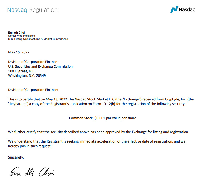 Cryptyde form 10 is approved by sec , it’s confirmed !