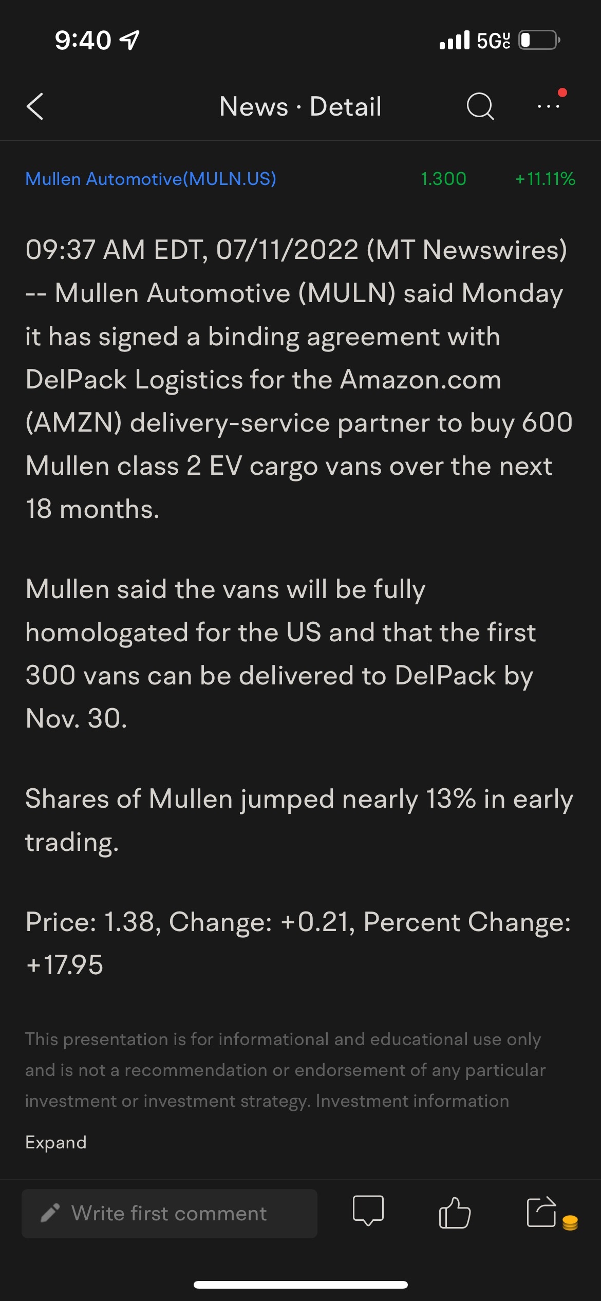 $ミューレン・オートモーティブ (MULN.US)$ I believe this would be the news everyone was waiting to hear with baited breath lol