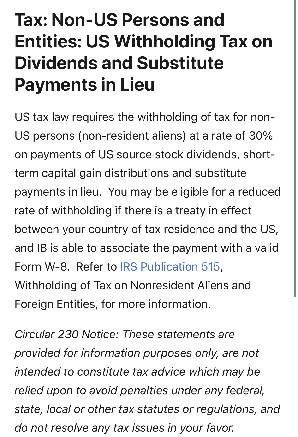 FAQ Withholding Tax on Dividends for Non-US Residents