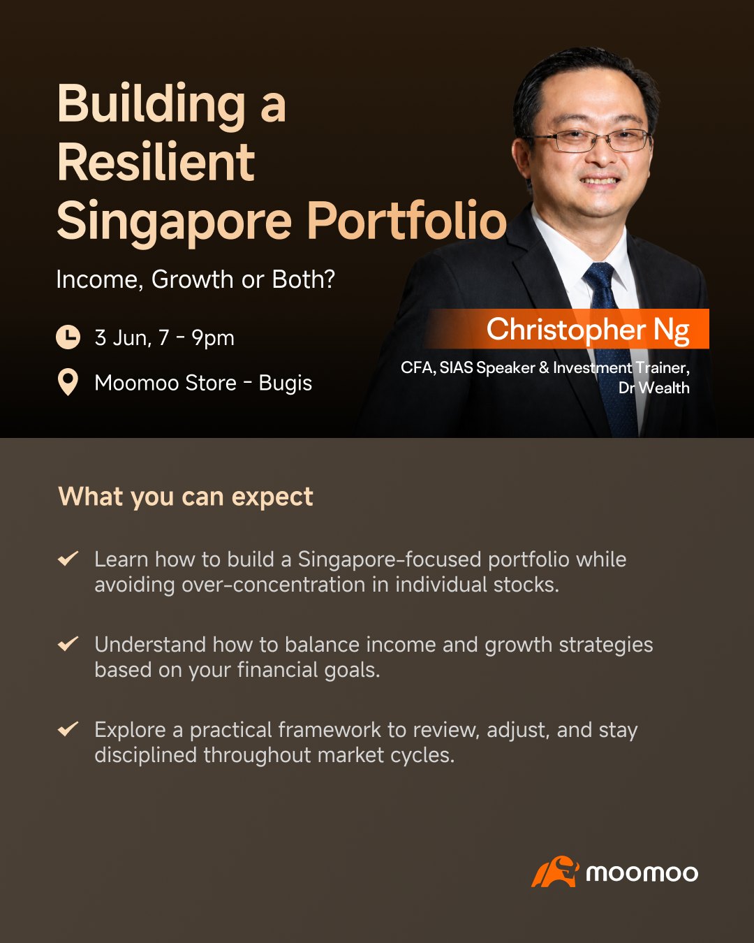Step into the moomoo Bugis store and level up your investment journey in-person. Join us to receive hands-on platform guidance on navigating moomoo’s tools and learn about different investment concepts and market insights. Workshop 1: Building a Resilient Singapore Portfolio: Income, Growth or Both? 3 June, 7 - 9pm Workshop 2: Defensive Growth in Uncertain Times: Insights from LMS Compliance Ltd 20 June, 10.30am - 12pm...