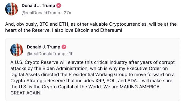 Trump Officially Announces U.S. Crypto Strategic Reserve Plan, Bitcoin Surges Nearly 10% in a Day, XRP and ADA Soar Over 60%