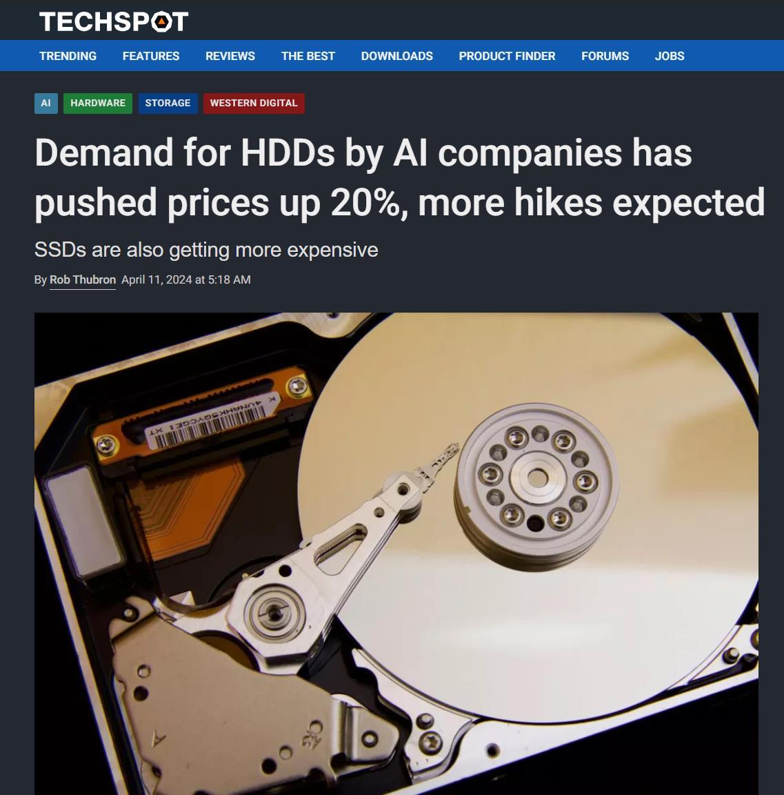$Western Digital (WDC.US)$ ai helping this? [Share Link: Demand for HDDs by AI companies has pushed prices up 20%, more hikes expected]