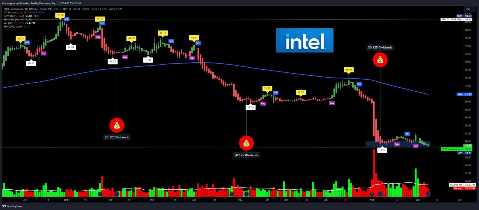 $インテル (INTC.US)$ 新しい52週間の最低値です、ここから反発するのでしょうか？