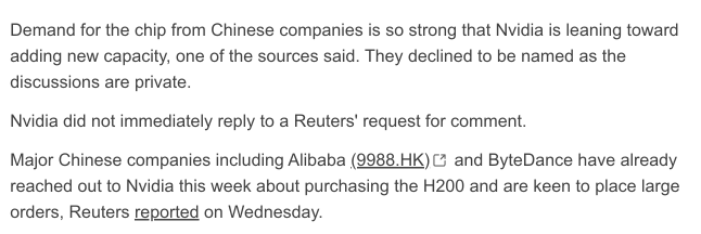 路透社独家：英伟达因中国强劲需求考虑增加H200芯片产量，消息人士称
