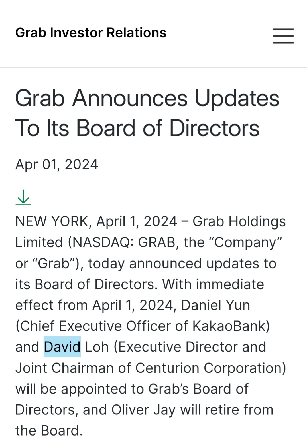 $Ohmyhome (OMH.US)$$Grab Holdings (GRAB.US)$ chairman of ohmyhome joining grab's board? something big happening?[Buy][Buy][Buy][Buy]