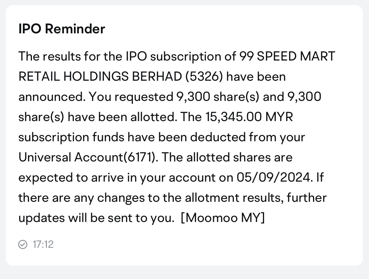 $99SMART (5326.MY)$ 4th time applied for IPO on Moomoo, finally get allocations. Surprisingly I get all the shares I requested. But the IPO is so expensive meh....