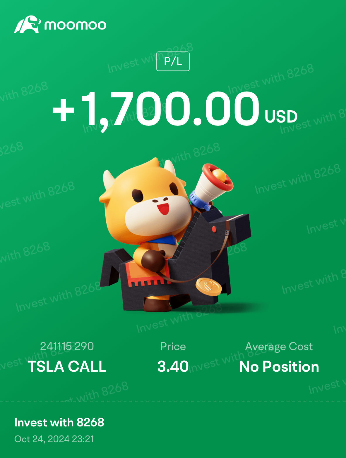 好的 $特斯拉 (TSLA.US)$ 我的最终利润。非常感谢您