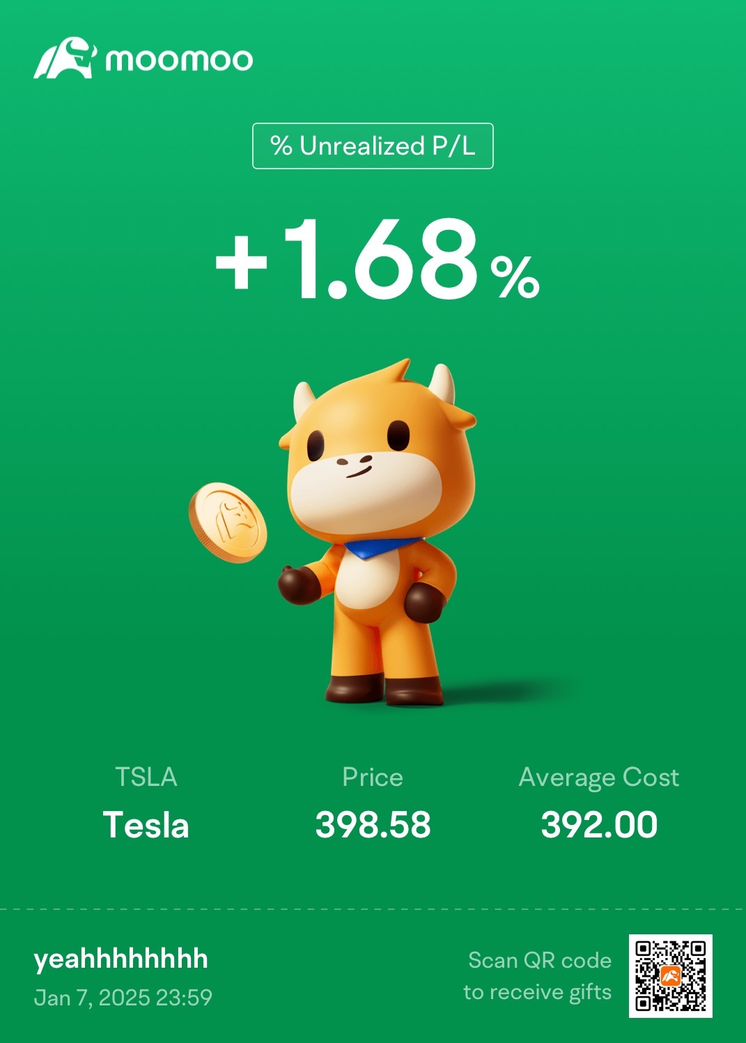 $特斯拉 (TSLA.US)$  😂😂 挺幸運的。如果每個人都這麼準，那不都是股神嗎