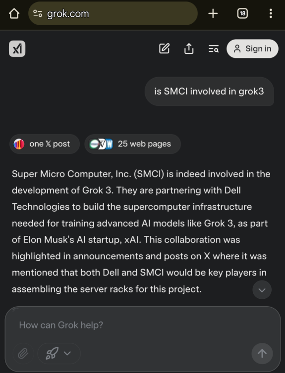 SMCIもGrok 3に関与しています！ 😱 Grokチャットボットによる返信です！