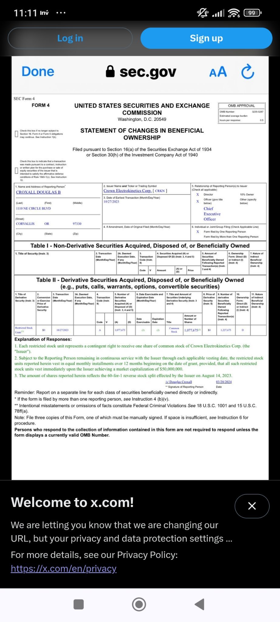 $Crown Electrokinetics (CRKN.US)$ I found this info and if I’m wondering if you can tell me if I’m understanding it correctly.  The CEO got stock shares as part...