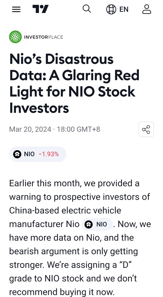 數據顯示 Nio 股票容易進一步下跌