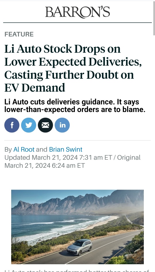 Li Auto Stock Drops on Lower Expected Deliveries, Casting Doubt on EV Demand