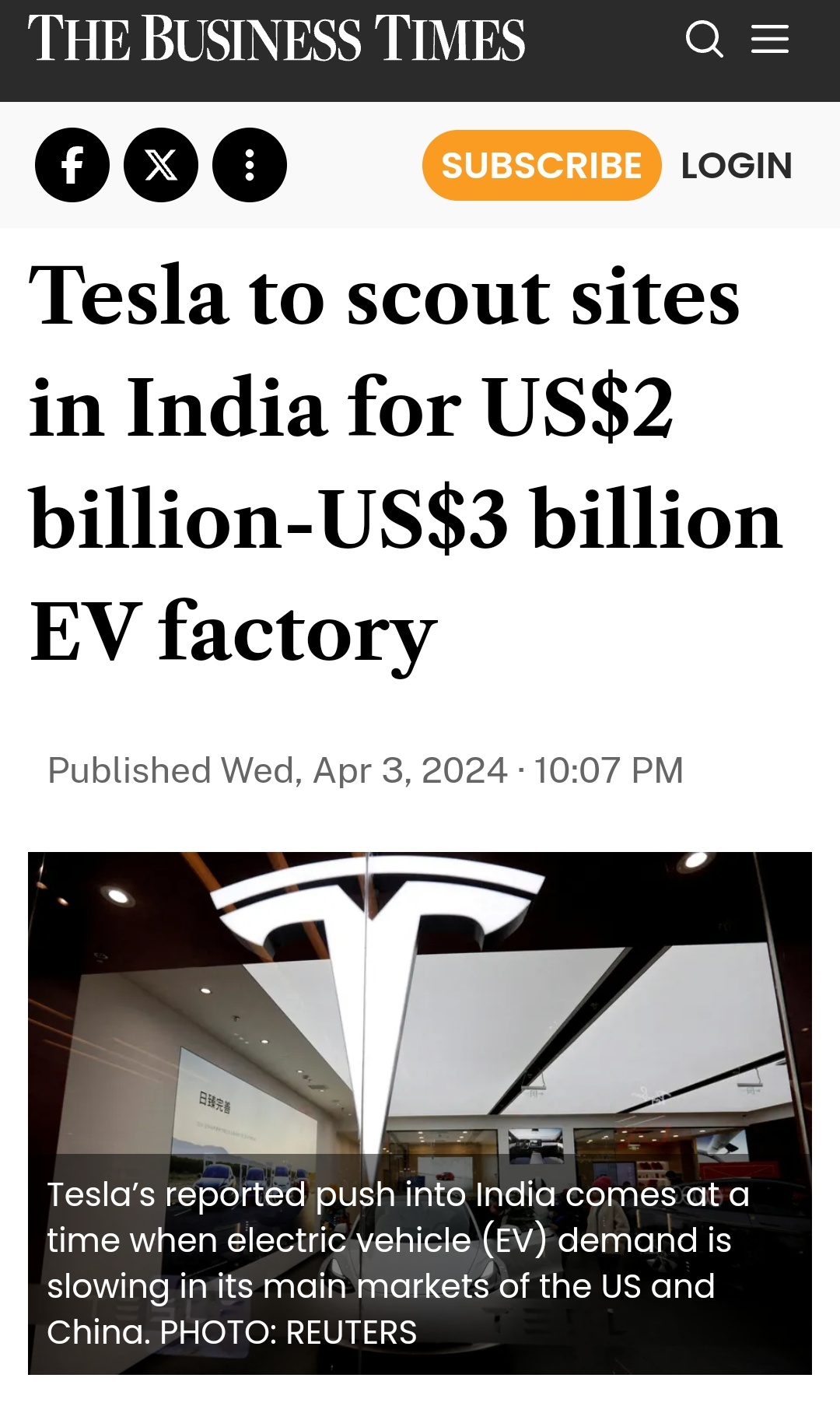 Tesla to scout sites in India for US$2 billion-US$3 billion EV factory