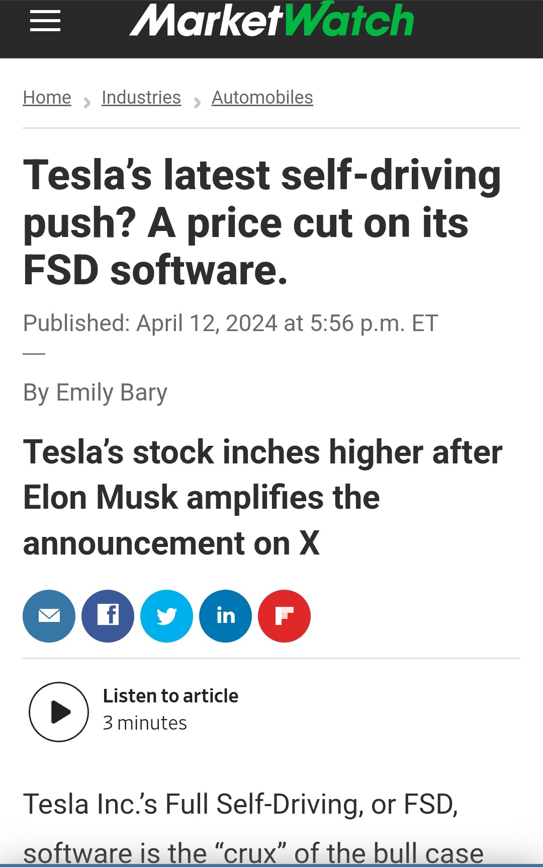 股价在推送之后的交易中上涨了1%。这是因为FSD软件价格下调的公告。