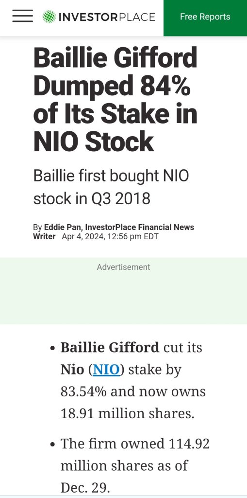 ベイリー・ギフォードはNIOの株式の84％を売却しました