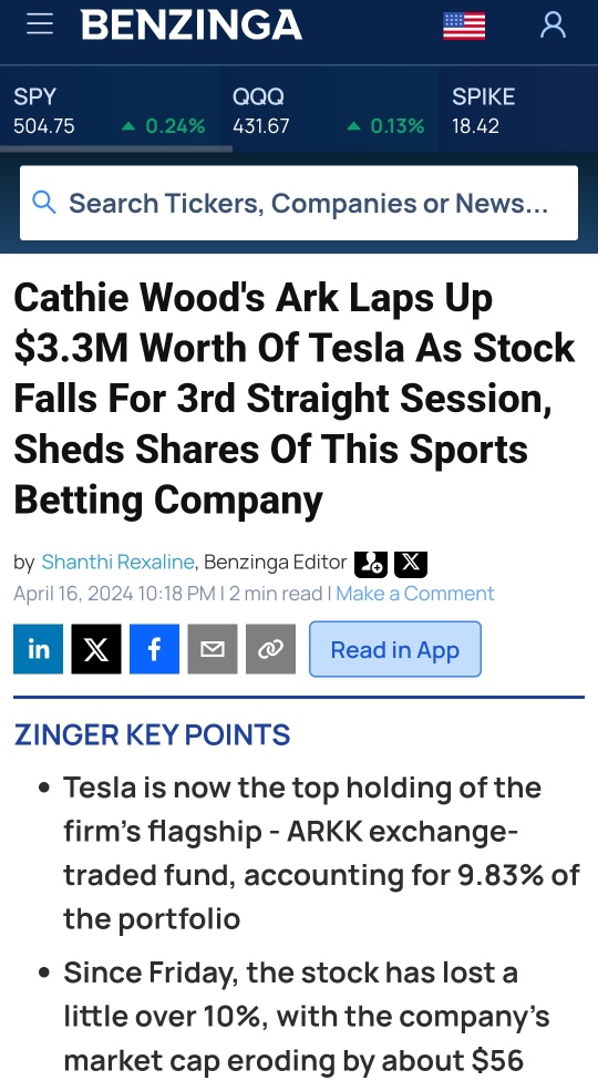 Cathie Wood's Ark Laps Up $3.3M Worth Of Tesla As Stock Falls