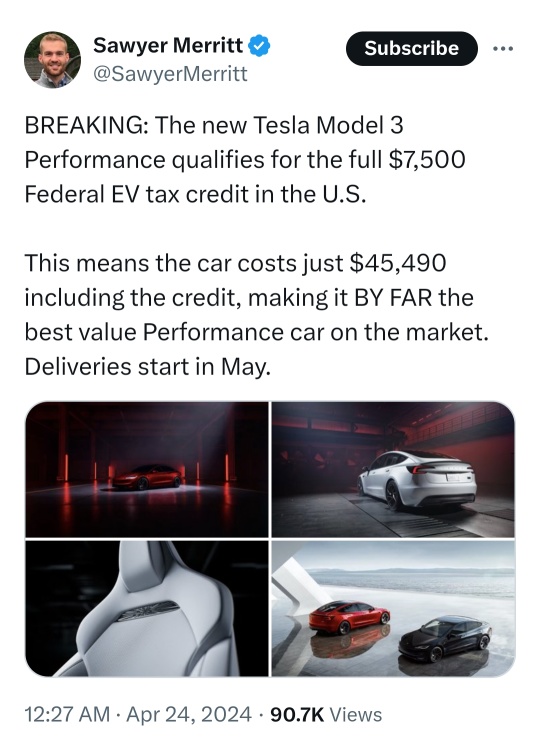 特斯拉新款Model 3 Performance有资格获得7,500美元的全额电动汽车税收抵免