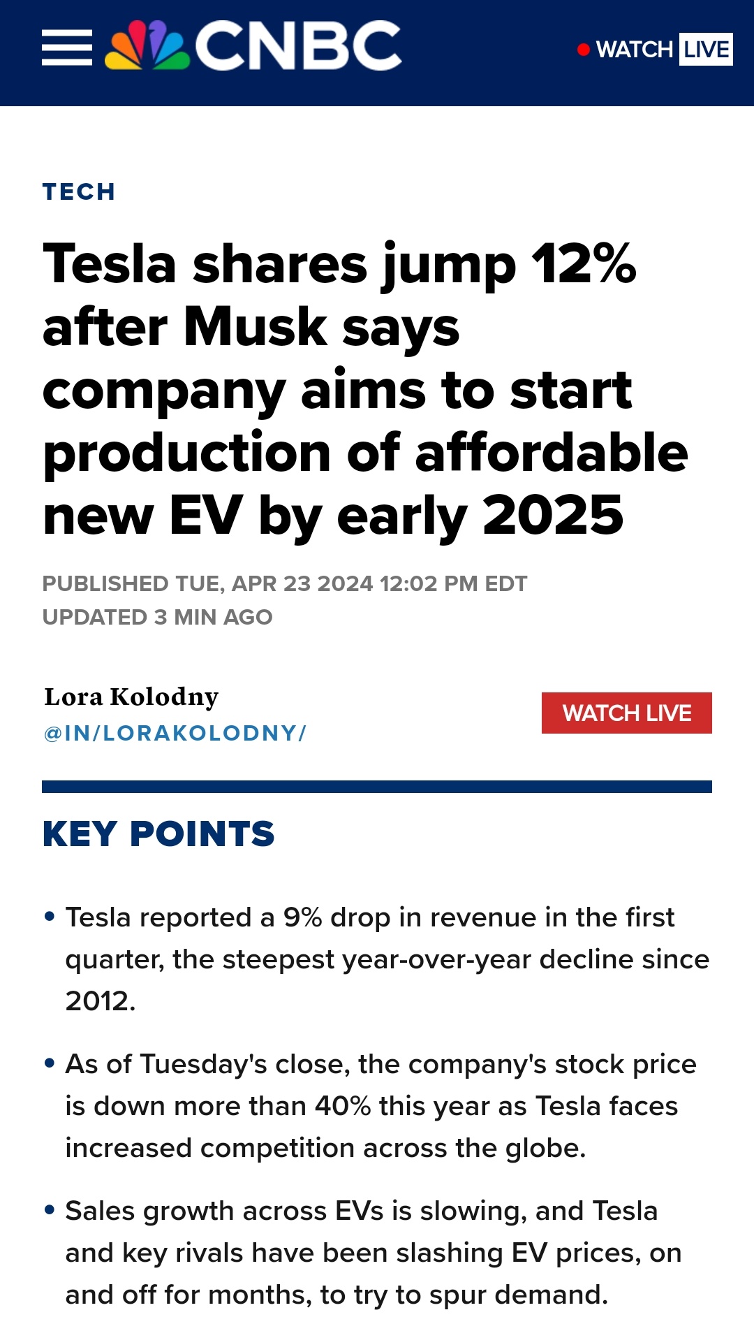 $テスラ (TSLA.US)$$BYD (01211.HK)$$ニオ (NIO.US)$$シャオペン (XPEV.US)$この記事によると、CEOのイーロン・マスク氏が投資家に向けて、新しい廉価なEVモデルをより早く生産できると説明したため、テスラの株価が取引時間外に12％上昇しました。ここに収益の要約があります。 1）マスク氏は、同社が新型車の生産を2025年初頭、もしくは、今年の後半に開始する予定であると発表した。(中略)