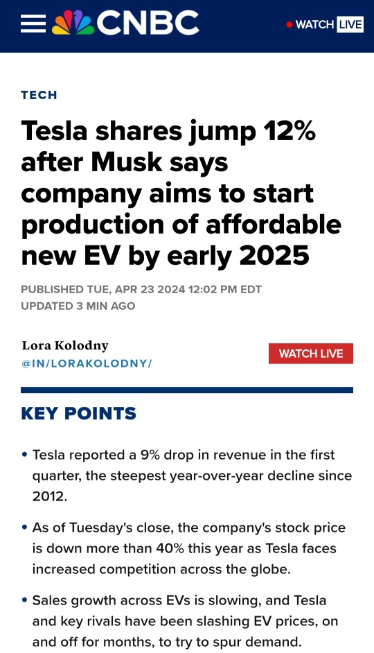 該公司旨在在 2025 年初生產負擔得起的新電動汽車後，特斯拉股價上漲 12％