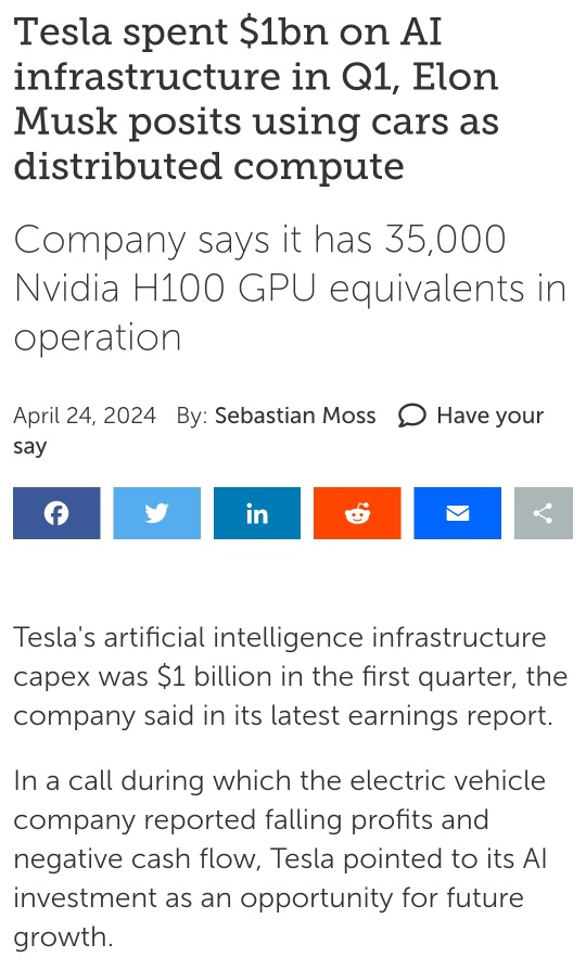 テスラはQ1で1億ドルをAIインフラストラクチャーに投資し、車を分散コンピュータとして使用しました
