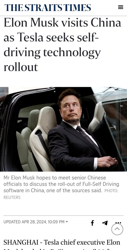 Elon Musk visits China as Tesla seeks self-driving technology rollout