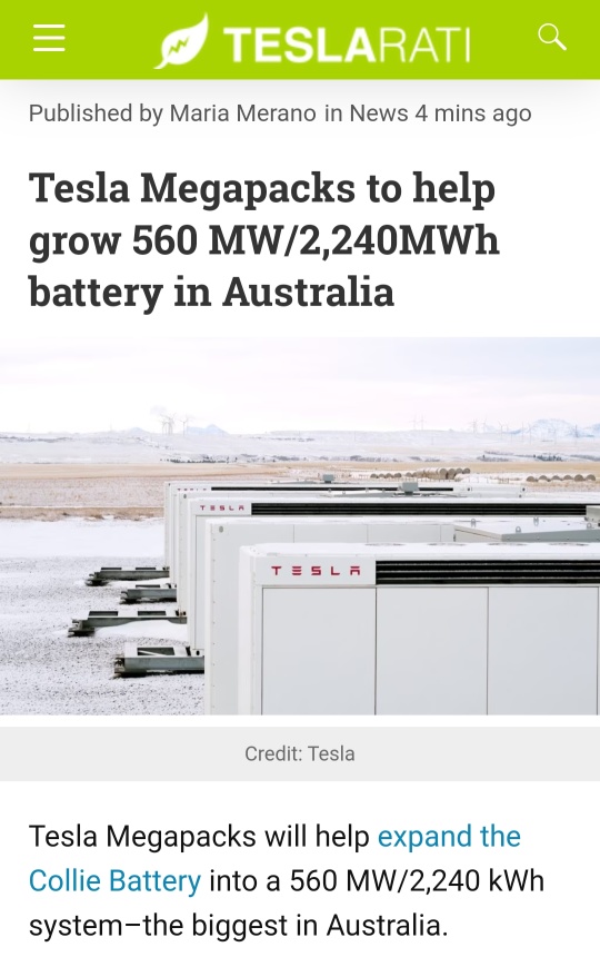 豪州で最大のバッテリー、560 MW / 2,240MWhを育成するためのTesla Megapacks