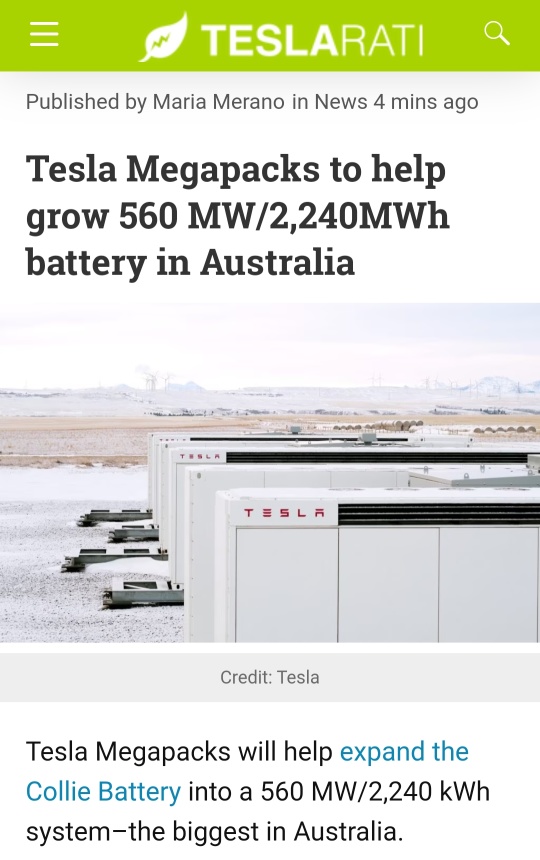 特斯拉Megapacks将帮助扩大560 MW/2,240MWh电池，是澳洲最大的电池