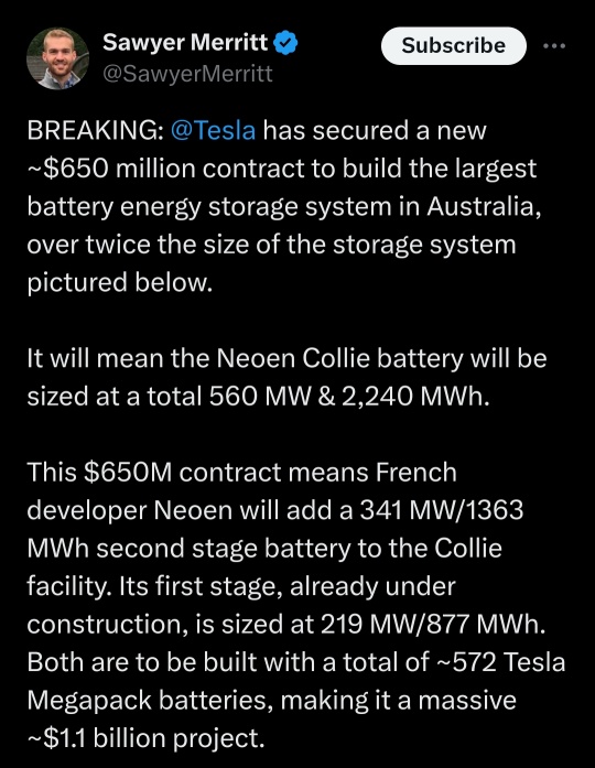 特斯拉Megapacks将帮助发展澳大利亚最大的560兆瓦/2,240兆瓦时的电池