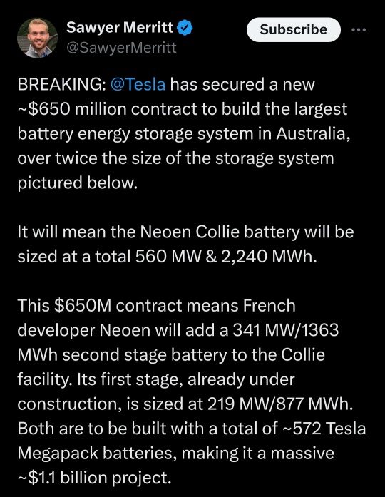 オーストラリア最大の560mW/2,240MWhのバッテリーの成長に役立つテスラメガパック