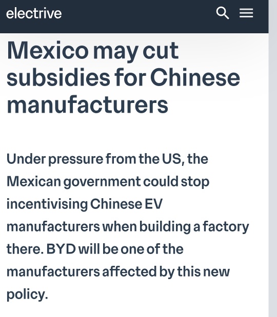 比亚迪和其他中国制造商可能会失去在墨西哥的补贴