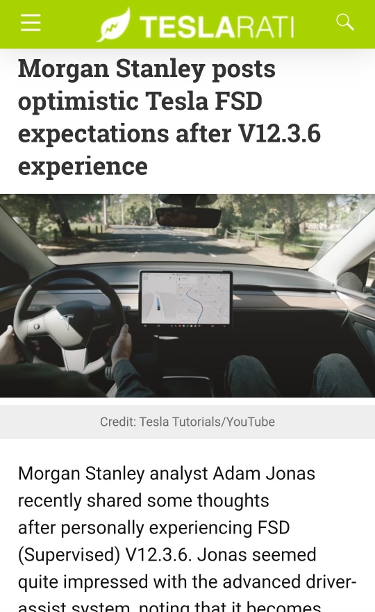 Morgan Stanley posts optimistic expectation after trying Tesla FSD V12.3.6