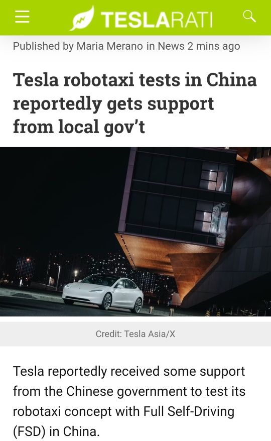 据报道，特斯拉在中国的自动驾驶出租车测试得到了当地政府的支持