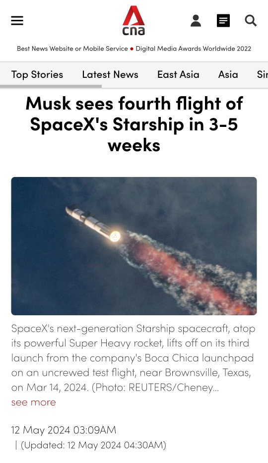馬斯克的 SpaceX 星空艦在 3-5 週後第四次飛行（2024 年 6 月）