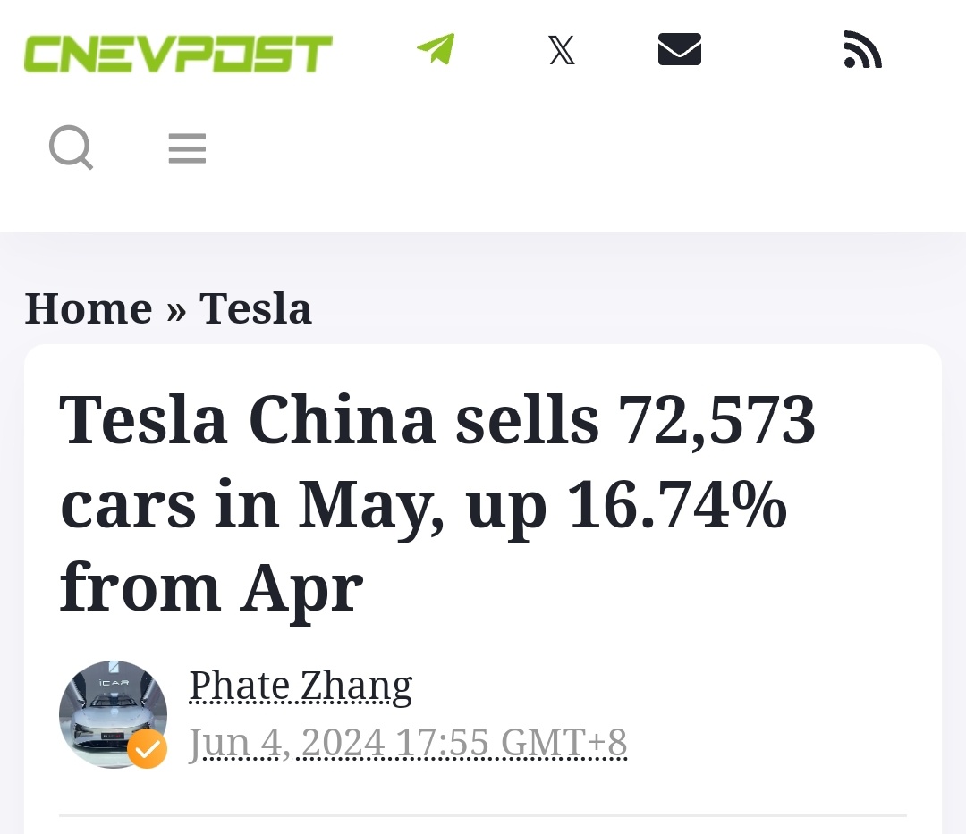 特斯拉中国5月份售出72,573辆汽车，比4月份增长16.74％
