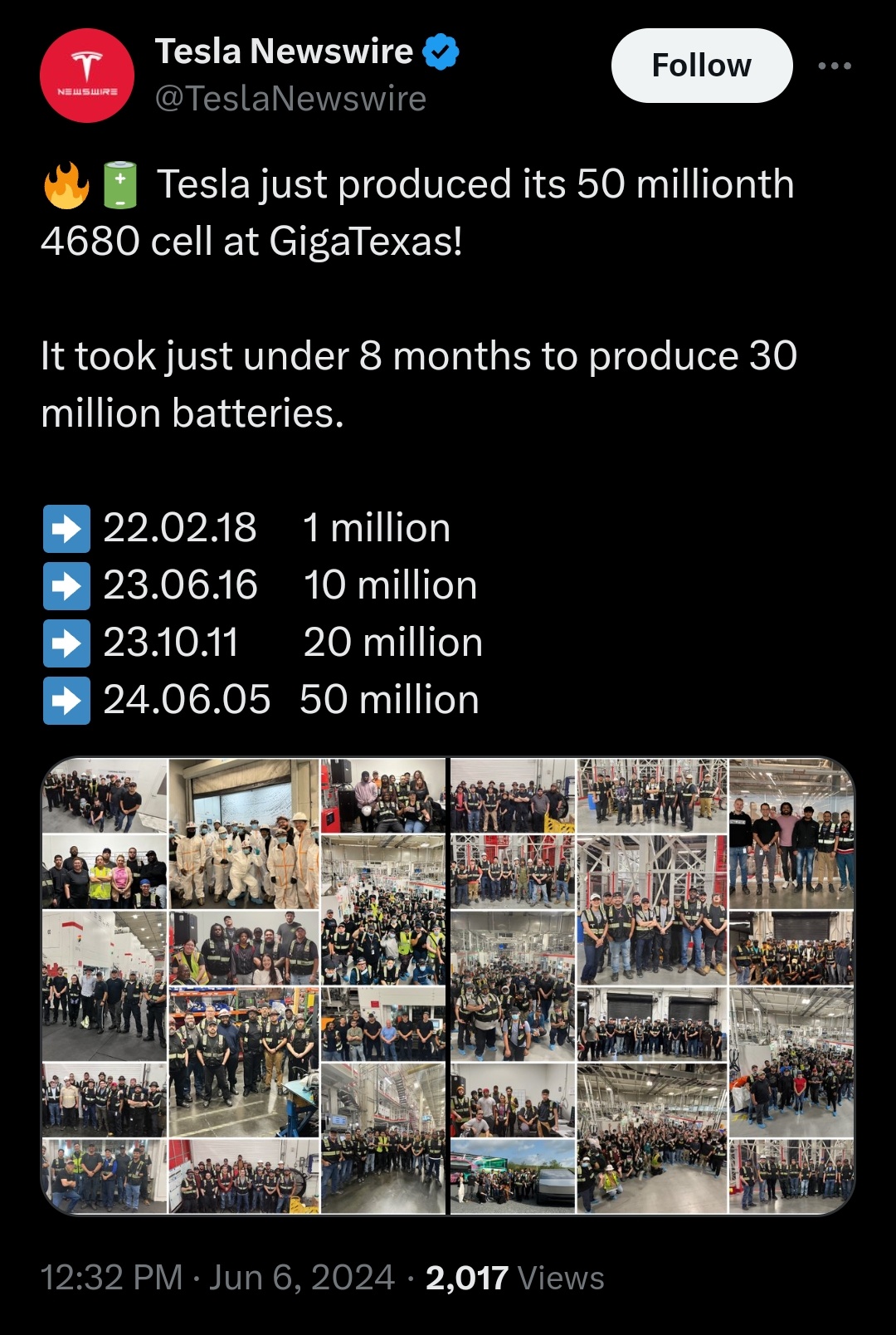 特斯拉在德克薩斯州吉加建造 50 億 4680 個電池電池