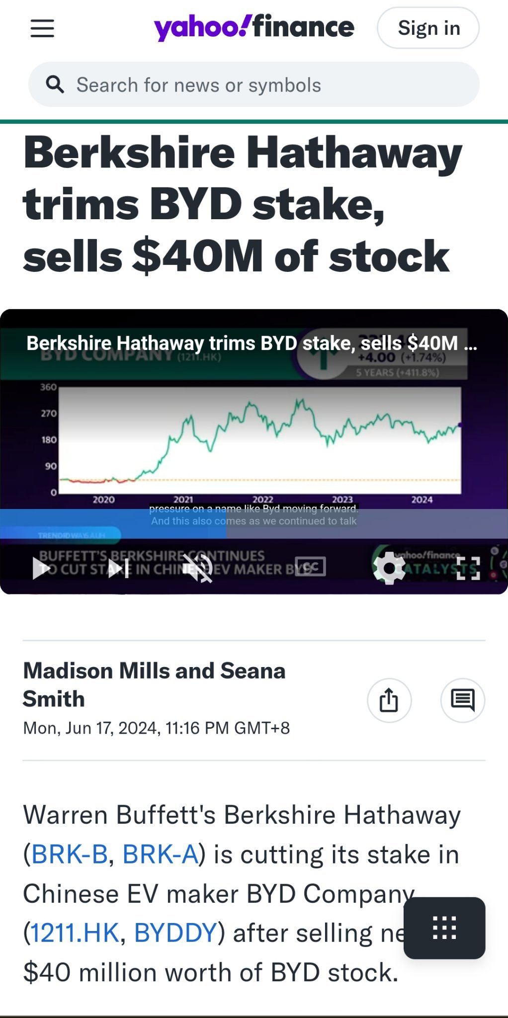 伯克希尔·哈撒韦出售价值4000万美元的130万股股票，比亚迪股价下跌1.46％