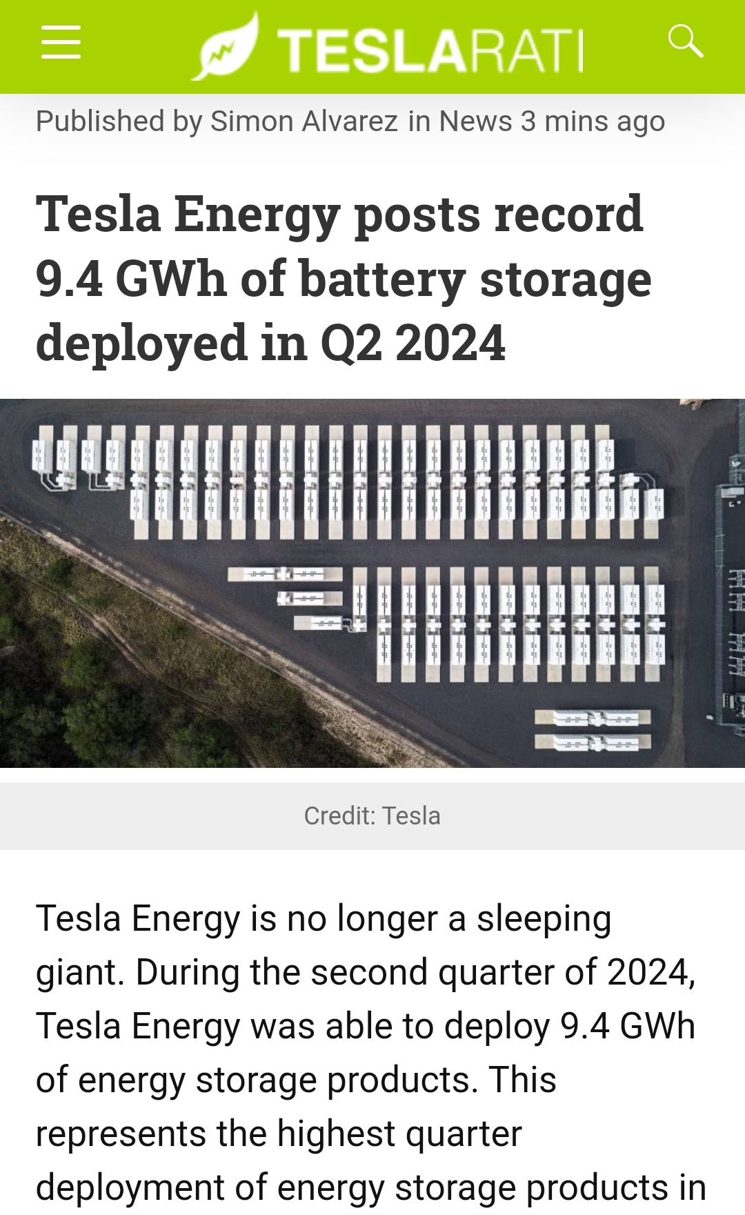 特斯拉能源公布了2024年第二季度部署的创纪录的9.4 GWh电池存储空间