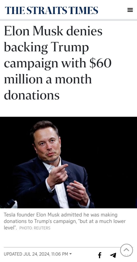 Media: Musk denied donation US$45 million per month to Trump Super PAC