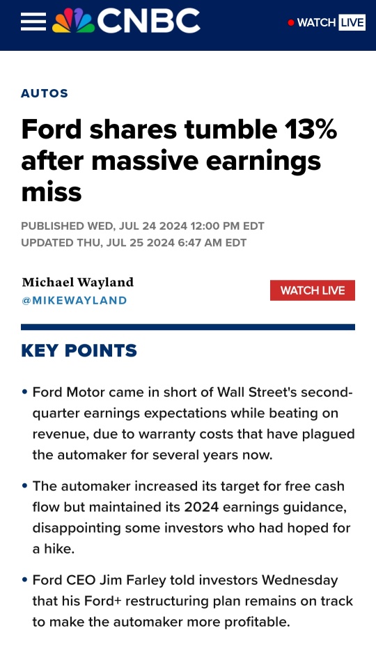 盈利大幅下跌后，福特股价下跌13％